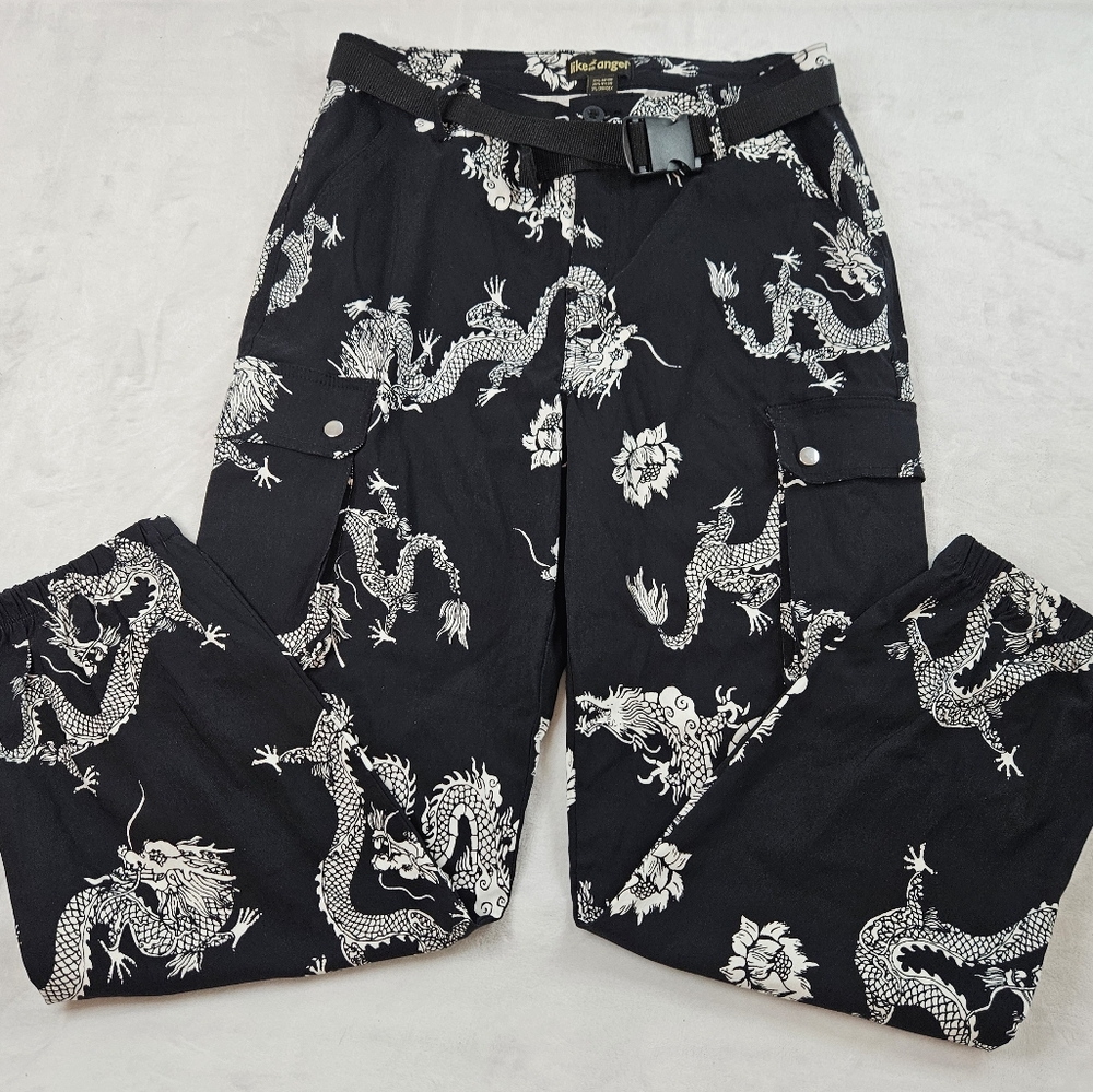 Like an Angel Dragon Cargo Joggers Black Lotus Flower size Extra Large Y2K Pants
